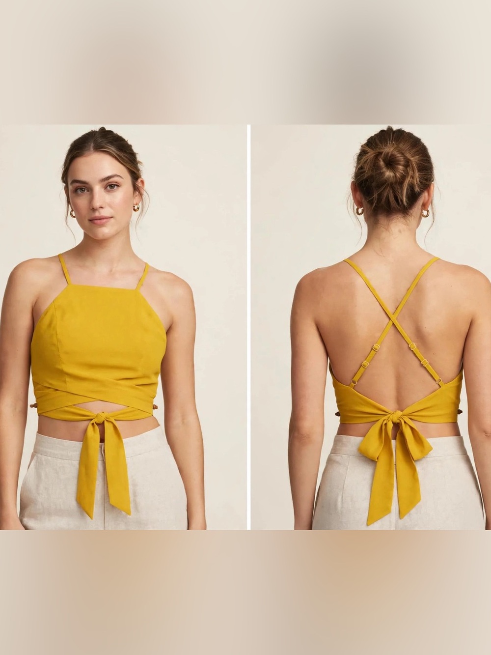 Fashion Nova Mustard Yellow Wrap Crop Camisole with Crisscross Back